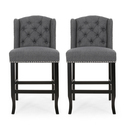 BenJara Seliva Counter Stool Chair Set of 2, Charcoal Gray, Tufted Back, Brown Wood Thumbnail - 1