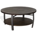 BenJara Flint Coffee Table w Shelf, Barrel Shape, 38 Inch Dark Brown Round Top Thumbnail - 1
