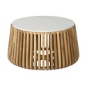 Benjara Brit Coffee Table, 33 Inch Round White Marble Top, Acacia Wood Base Thumbnail - 1