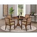 Antique Walnut Round Dining Table Set 5-Piece Brown Leather Chairs Thumbnail - 1