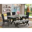 X696DR124-6 6 Piece Dining Set Contains a Rectangle Dining Room Table with X-Legs and 4 Black Color Linen Fabric Parson Chairs with a Bench, 36x60 Inch, Multi-Color Thumbnail - 1