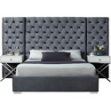 King Size Bed Grey Velvet Upholstered Platform Bed Frame Modern Bedroom Furniture Thumbnail - 1