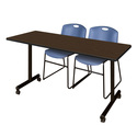 Regency Kobe 66 x 24 in. Mobile T-Base Training Table- Neo Walnut, 2 Zeng Stack Chairs- Blue Thumbnail - 1
