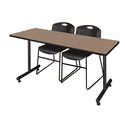 Regency Kobe 72 x 24 in. T-Base Training Seminar Table- Noble Oak, 2 Zeng Stack Chairs- Black Thumbnail - 1