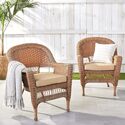 Resin Wicker Lounge Chairs with Tan Cushion & Stackable Design Thumbnail - 1