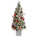 Nearly Natural 4ft. Winter Flocked Artificial Christmas Tree Pre-Lit with 50 LED Lights and Ornaments in Decorative Planter - Thumbnail 1
