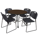 Regency Kee 36 in. Round Mobile Adjustable Classroom Table- Neo Walnut Top, Grey Base & 4 Black Zeng Stack Chairs Thumbnail - 1
