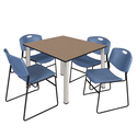 Regency Kee 48" Square Breakroom Table- Noble Oak/ Chrome & 4 Zeng Stack Chairs- Blue Thumbnail - 1