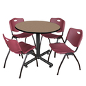 Regency Kobe 42" Round Breakroom Table- Noble Oak & 4 'M' Stack Chairs- Burgundy Thumbnail - 1