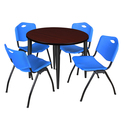 Regency Kahlo 36 in. Round Breakroom Table- Mahogany Top, Black Base & 4 M Stack Chairs- Blue Thumbnail - 1