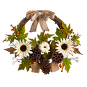 Nearly Natural 20in. Autumn Sunflower, White Pumpkin and Dried Lotus Pod Artificial Fall Wreath with Decorative Bow Thumbnail - 1
