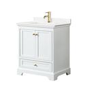 Wyndham Collection Deborah 30 Inch Single Bathroom Vanity in White, White Quartz Countertop, Undermount Square Sink (1-Hole), Brushed Gold Trim Thumbnail - 1