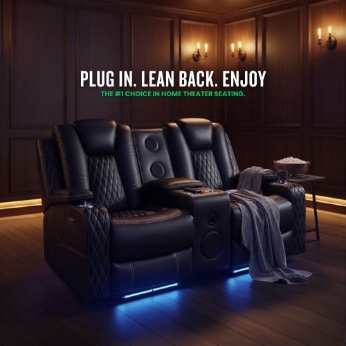 Movie Theater Loveseat Recliner with LED Lights, Speakers, cup holders and USB charging from Naomi Home